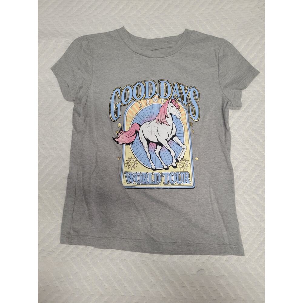"Good Days World Tour" Girls Unicorn Gray Graphic Tee Size XS 6/6X